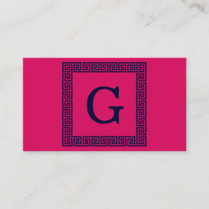 Raspberry, Navy Blue Greek Key #1 Framed Monogram Business Card