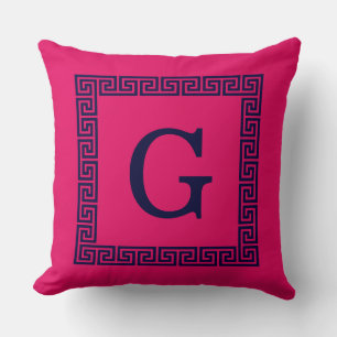 Raspberry, Navy Blue Greek Key #1 Framed Monogram Cushion