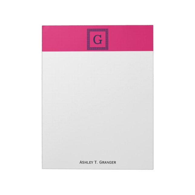 Raspberry, Navy Blue Greek Key #1 Framed Monogram Notepad (Rotated)