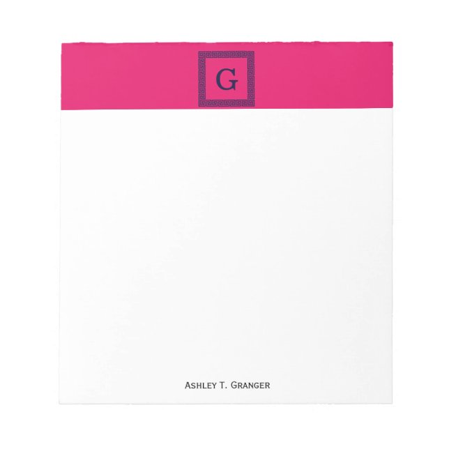 Raspberry, Navy Blue Greek Key #1 Framed Monogram Notepad (Front)