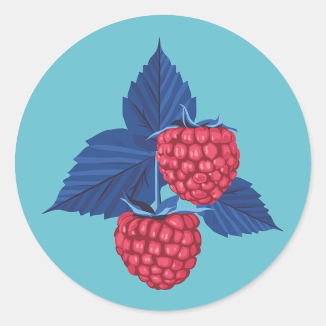Raspberry on blue background classic round sticker (Front)