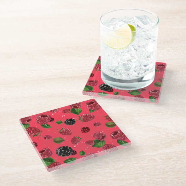 Raspberry Pattern Glass Coaster (Angled)
