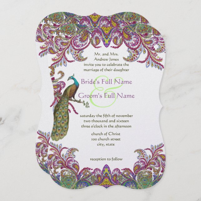 Raspberry Peacock Damask Wedding Invitations (Front/Back)