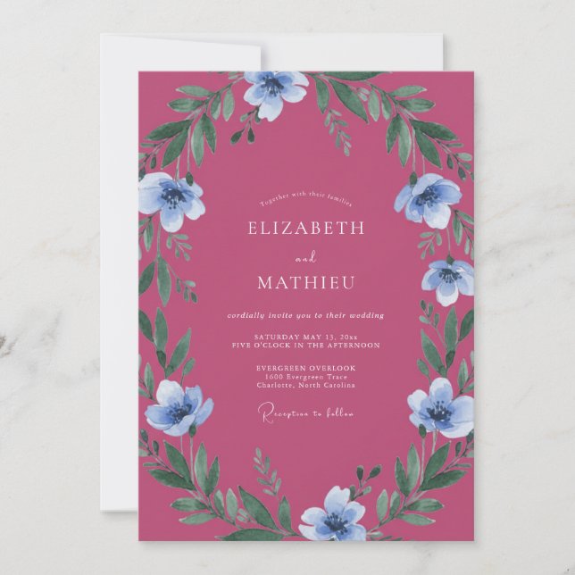 Raspberry Periwinkle Wildflower Wedding Invitation (Front)