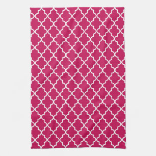 Raspberry Pink and White Moroccan Quatrefoil Tea Towel