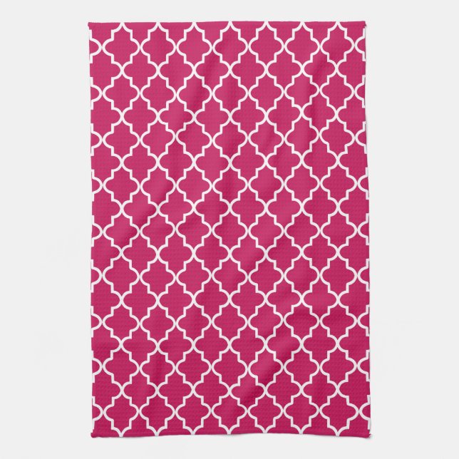 Raspberry Pink and White Moroccan Quatrefoil Tea Towel (Vertical)
