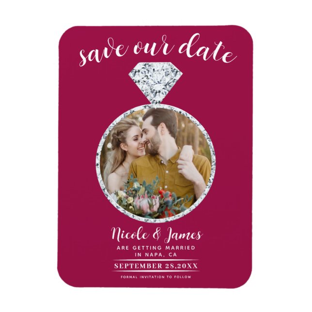 Raspberry Pink Diamond Ring Bling Save the Date Magnet (Vertical)