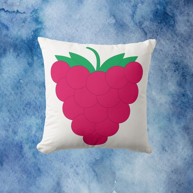 Raspberry Pink Fruit Berry  Cushion (A throw pillow with a graphic of a pink raspberry with a green stem.)