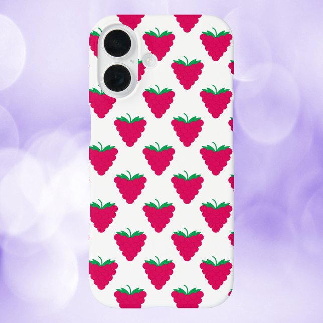 Raspberry Pink Fruit Berry Pattern Case-Mate iPhone Case (A phone case with a pattern of pink raspberries with green stems.)