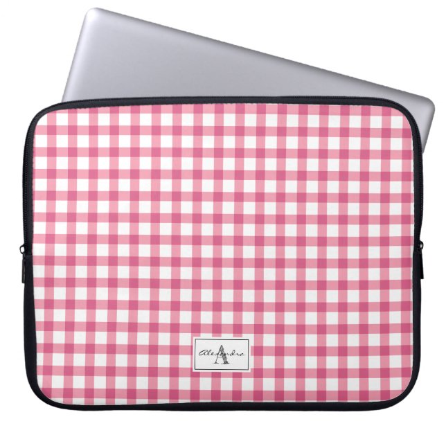 Raspberry Pink Gingham Plaid Pattern Monogram Laptop Sleeve (Front)