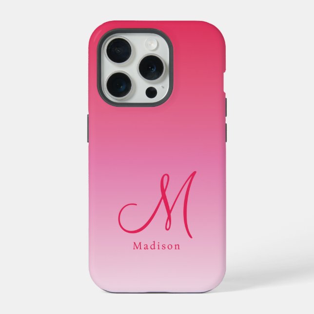 Raspberry Pink Gradient Custom Monogram Name iPhone Case (Back)