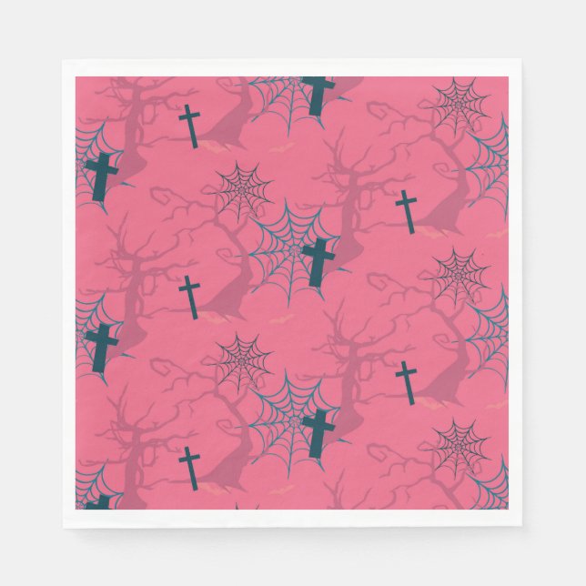 Raspberry Pink grave creepy tree spiderwebs Napkin (Front)