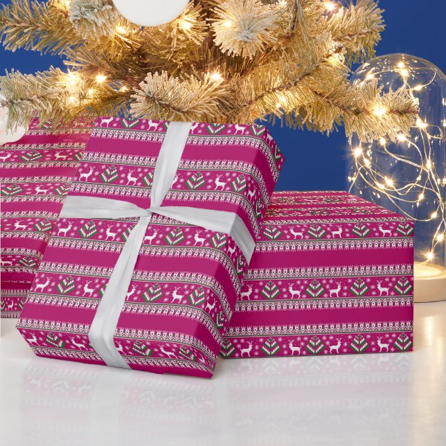 Raspberry Pink Green and White Fair Isle Christmas Wrapping Paper (Holidays)