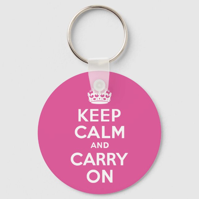 Raspberry Pink Keep Calm and Carry On Key Ring (Front)
