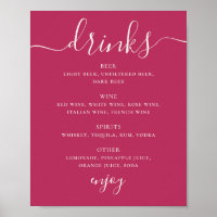 Raspberry Pink Script Wedding Drinks Bar Menu