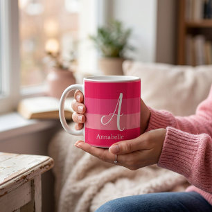 Raspberry Pink Stripes Custom Monogram Name Coffee Mug