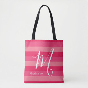 Raspberry Pink Stripes Custom Monogram Name Tote Bag