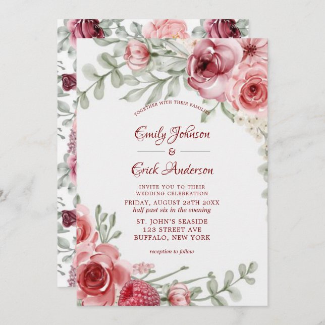 Raspberry Pink Watercolor Peonies Wedding  Invitation (Front/Back)