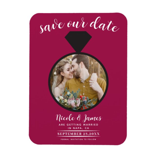 Raspberry Pink Wedding Ring Photo Save the Date Magnet (Vertical)