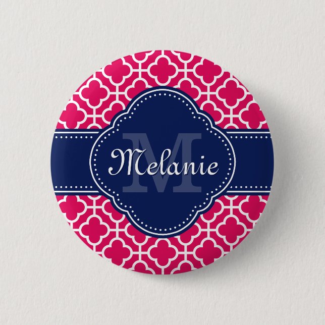 Raspberry Pink Wht Moroccan Pattern Navy Monogram 6 Cm Round Badge (Front)