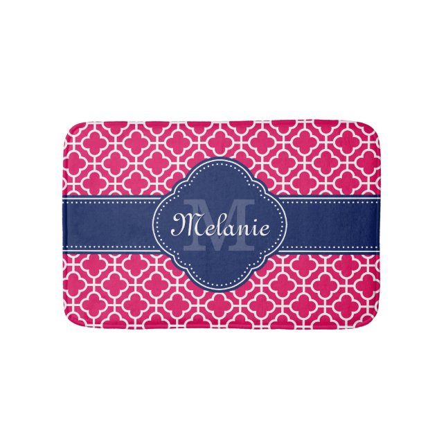 Raspberry Pink Wht Moroccan Pattern Navy Monogram Bath Mat (Front)