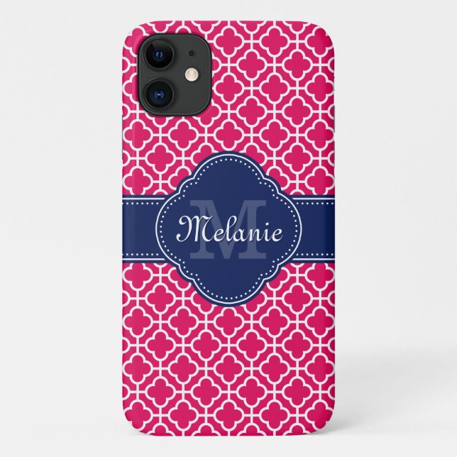 Raspberry Pink Wht Moroccan Pattern Navy Monogram Case-Mate iPhone Case (Back)
