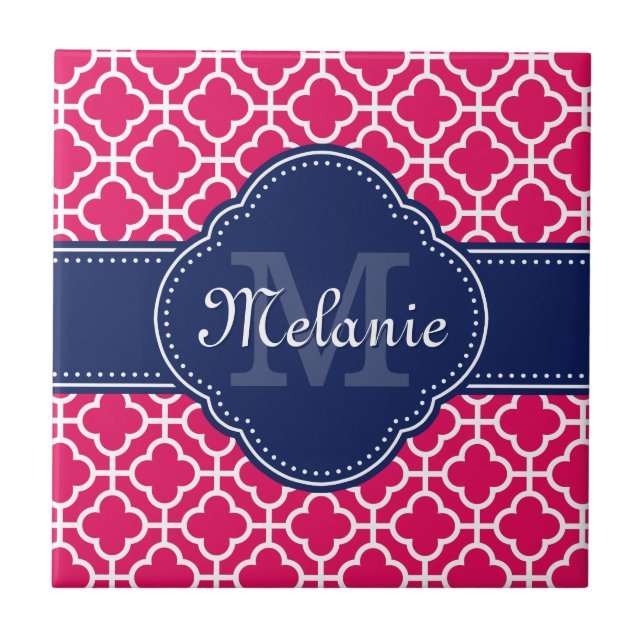 Raspberry Pink Wht Moroccan Pattern Navy Monogram Ceramic Tile (Front)