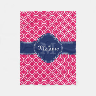 Raspberry Pink Wht Moroccan Pattern Navy Monogram Fleece Blanket