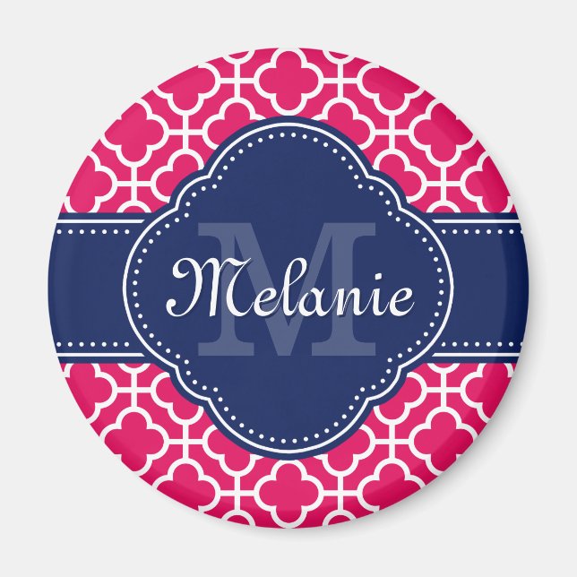 Raspberry Pink Wht Moroccan Pattern Navy Monogram Magnet (Front)