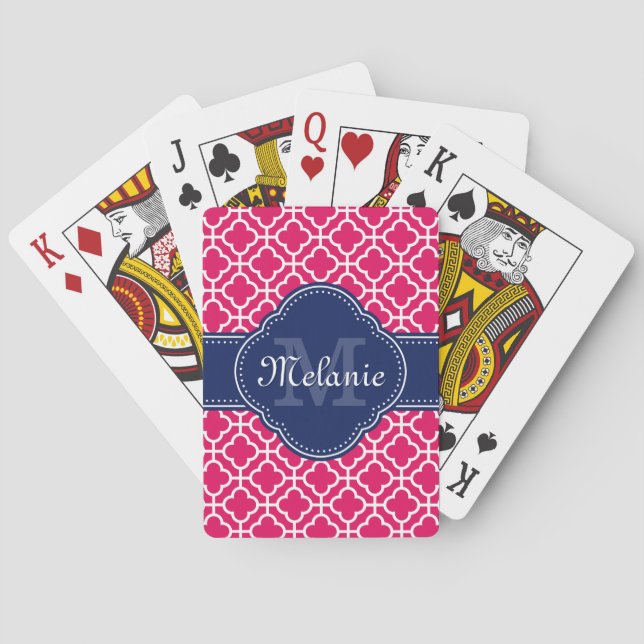 Raspberry Pink Wht Moroccan Pattern Navy Monogram Playing Cards (Back)