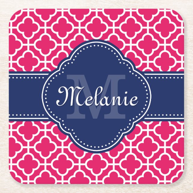 Raspberry Pink Wht Moroccan Pattern Navy Monogram Square Paper Coaster (Front)