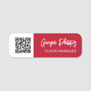 Raspberry Red & White QR Code Brush Script Name Tag