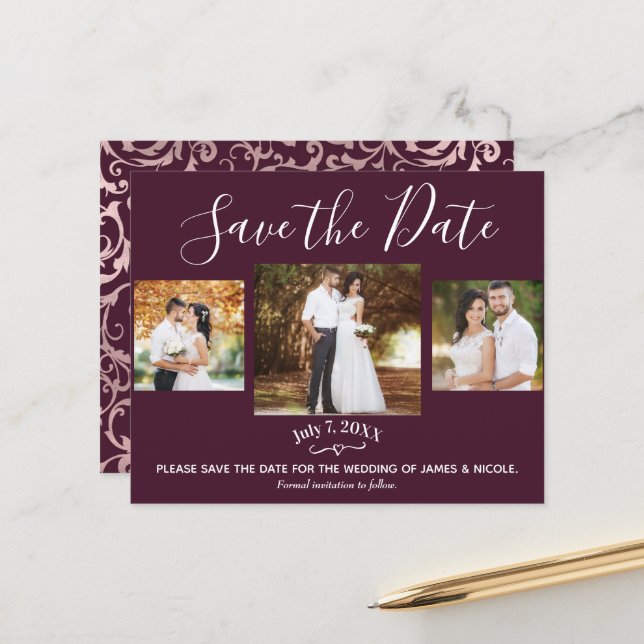 Raspberry & Rose Gold Photo Wedding Save the Date (Front/Back In Situ)