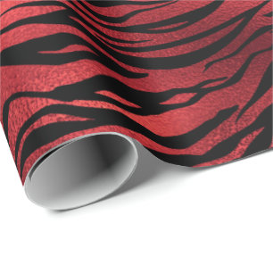 Raspberry Ruby Black Tiger Animal Red Metallic Wrapping Paper