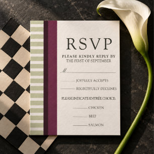 Raspberry & Sage Green Striped Wedding RSVP Card