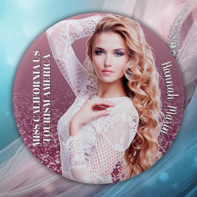 Raspberry Sparkle Custom Cut-out Photo Button Pin (This raspberry sparkle pageant button adds a touch of glamour to your reign with muted pink glitter)
