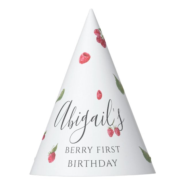 Raspberry Sweet Berry First Birthday Party Hat (Front)