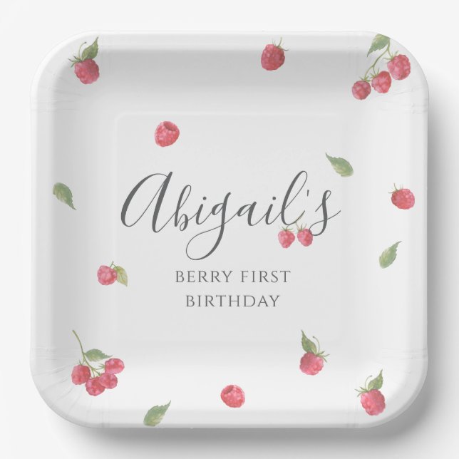 Raspberry Sweet Berry First Birthday Party Paper Plate (Front)
