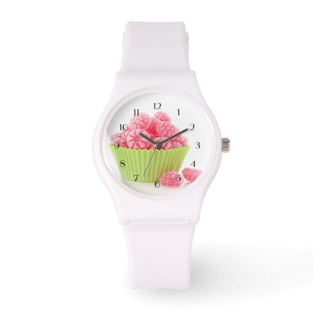 Raspberry tasty candy sweets in green cup cake watch (Front)