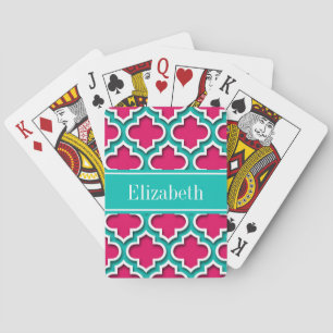 Raspberry, Teal Moroccan #5DS Teal Name Monogram Playing Cards