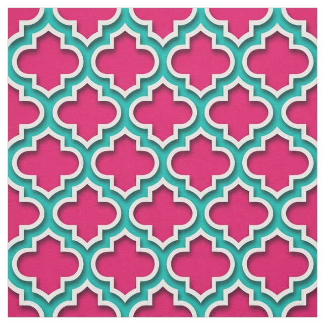 Raspberry Teal White Moroccan Quatrefoil #5DS Fabric (Swatch)