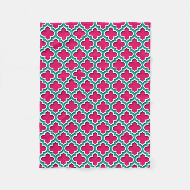 Raspberry Teal White Moroccan Quatrefoil #5DS Fleece Blanket (Front)