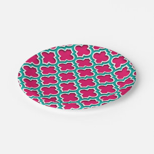 Raspberry Teal White Moroccan Quatrefoil #5DS Paper Plate
