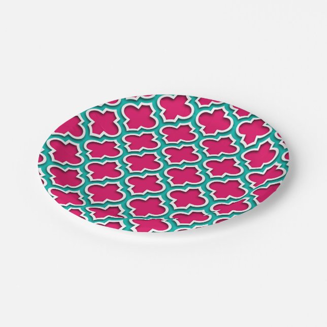 Raspberry Teal White Moroccan Quatrefoil #5DS Paper Plate (Angled)