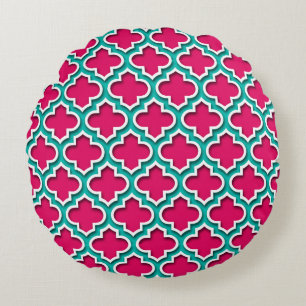 Raspberry Teal White Moroccan Quatrefoil #5DS Round Cushion