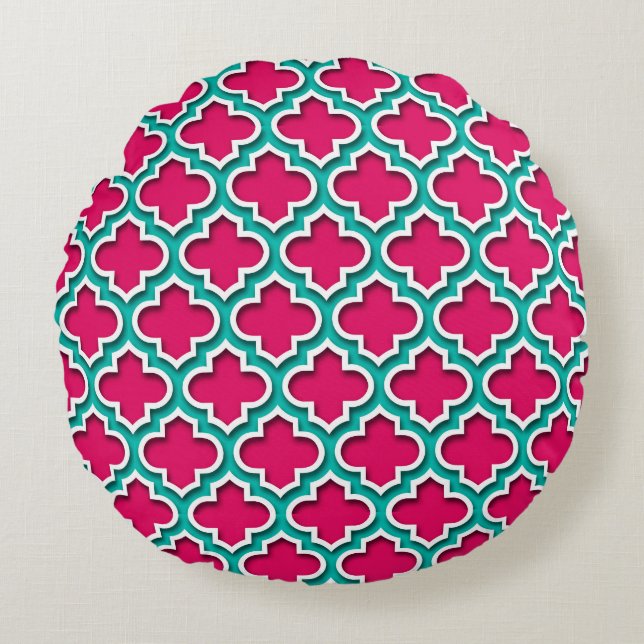 Raspberry Teal White Moroccan Quatrefoil #5DS Round Cushion (Front)