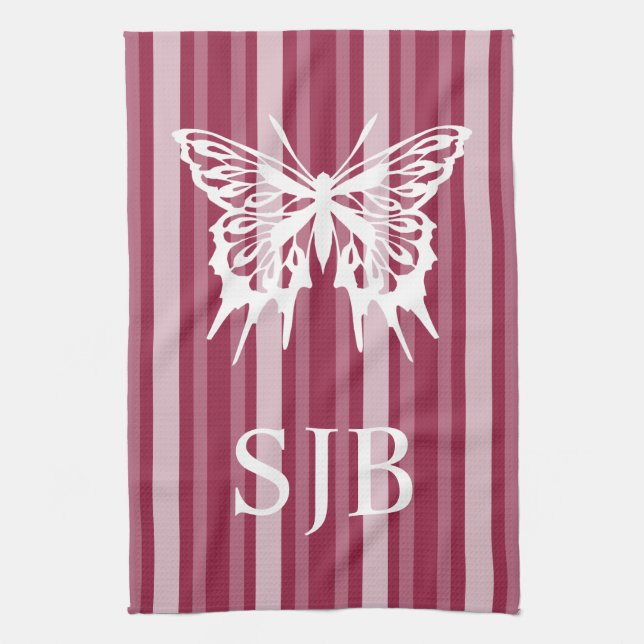 Raspberry Victorian Stripe with Butterfly Monogram Tea Towel (Vertical)