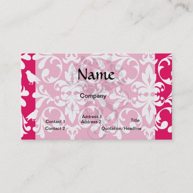 raspberry white bird damask business card (Front)