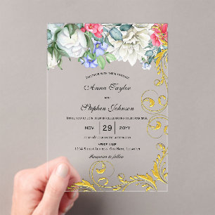Raspberry White Blue Pink Gold Swirls Botanical Acrylic Invitations