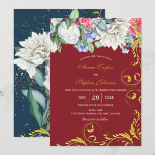 Raspberry White Blue Pink Gold Swirls Botanical Invitation